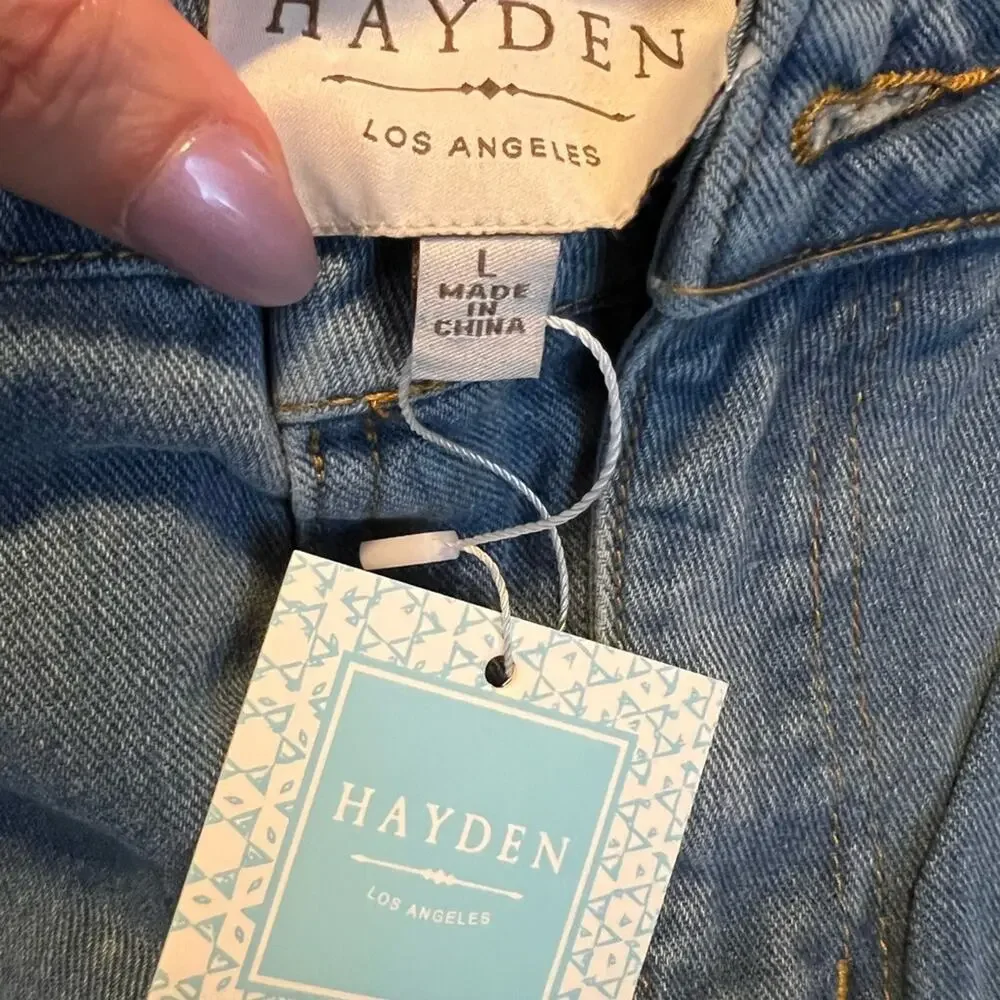 Hayden Denim Mini Skirt Distressed Raw Hem Light Wash Size L NWT - Picture 6 of 6